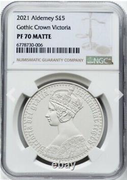 1 Oz NGC PF70 Matte 2021 Alderney Gothic Crown Victoria Coin, UK Britain England