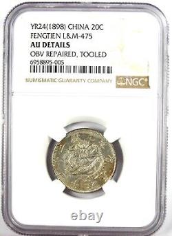 1898 China Fengtien 20 Cents 20C Dragon Coin LM-475 Y-85.1 NGC AU Detail