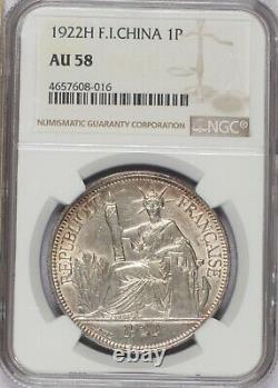 1922-H French Indo China 1 Piastre NGC AU58. Free Shipping