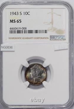 1943 Mercury Dime 10 Cents silver NGC MS65 stunning purple blue NG0636 combine