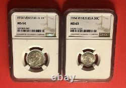 1954-venezuela-2 Silver Coins (50c & 1 B) Coin, Graded By Ngc Ms 64 & 63