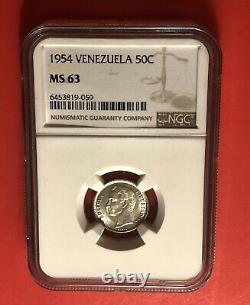 1954-venezuela-2 Silver Coins (50c & 1 B) Coin, Graded By Ngc Ms 64 & 63