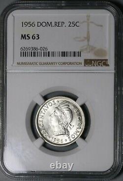 1956 NGC MS 63 Dominican Republic 25 Centavos 90% SIlver Coin (21120303D)