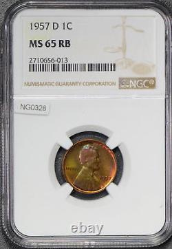 1957 D Cent NGC MS65 RB lincon cent stunning green and purple toning NG0328 com