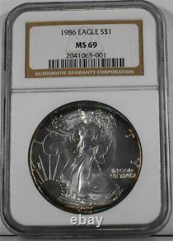1986 $1 One Ounce American Silver Eagle NGC MS 69 Reverse & Obverse Toned/Toning