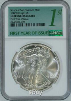 1986 (s) SILVER EAGLE NGC GEM BU / FIRST YEAR ISSUE STRUCK AT SAN FRANCISCO MINT