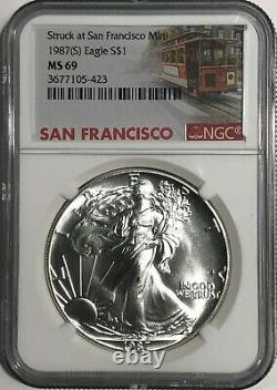 1987 (s) Ngc Ms69 $1 Silver Eagle 1 Oz Struck At San Francisco Trolley Label