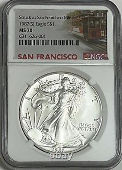 1987 (s) Ngc Ms70 $1 Silver Eagle 1 Oz Struck At San Francisco Trolley Label