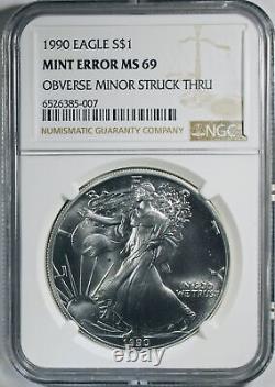 1990 American Silver Eagle Mint Error Obverse Struck Through NGC MS-69