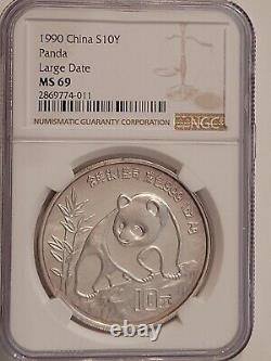 1990 China MS69 NGC Large Date 1 oz Silver Panda China 10 Yuan Coin
