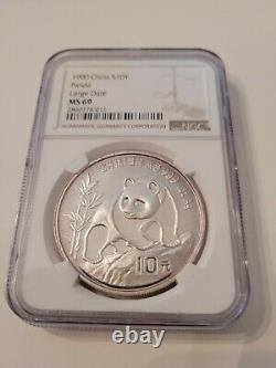 1990 China MS69 NGC Large Date 1 oz Silver Panda China 10 Yuan Coin