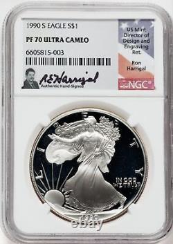 1990-S American Silver Eagle NGC PF70 Ultra Cameo Ron Harrigal Signed