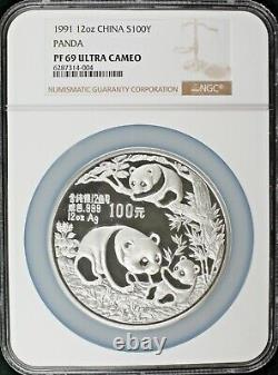 1991 12 oz. Silver Panda 100 Yuan NGC PF69 Ultra Cameo. Tied for finest known