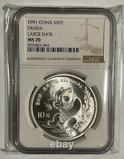 1991 China 10 YUAN silver panda Coin 1 oz large date NGC MS 70