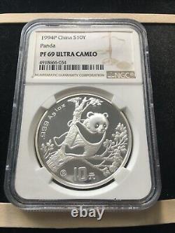 1994 P China, 10 Yuan. 999ag Panda, NGC GradedPF-69 Ultra Cameo#4918666-034