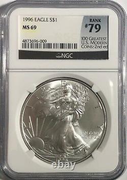 1996 Ngc Ms69 Silver Eagle Mint State 1 Oz. 999 Fine Bullion 100 Greatest Label