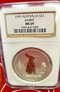 1999 Australia Silver $1 Coin Year Of The Rabbit Ngc Ms 69