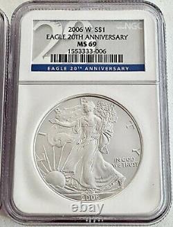 2- 2006-w 20th Anniversary American Silver Eagles Ms-69- Blue Seal & Brown Seal