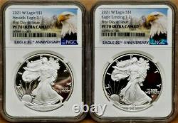 2 COIN SET 2021 W PROOF SILVER EAGLE, TYPE 1 & 2, NGC PF70UC FDOI, Eagle/Mtn