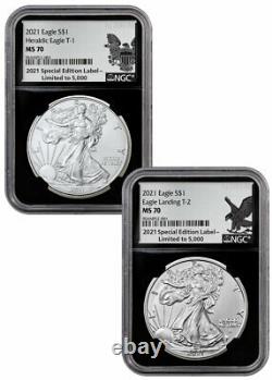 2 Coin Set 2021 American Silver Eagle Type 2 & Type 1 NGC MS70.999 Silver Label