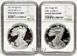 2 Coin Set, 2021 Type 2 W & S Proof Silver Eagles, Ngc Pf69uc, Brown Label