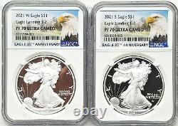 2 Coin Set, 2021 Type 2 W & S Proof Silver Eagles, Ngc Pf70uc, Eagle/mtn