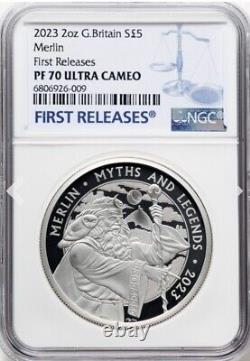 2 Oz BIG NGC PF70 2023 MERLIN Myths and LEGENDS, ENGLAND BRITAIN UK BRITISH Coin