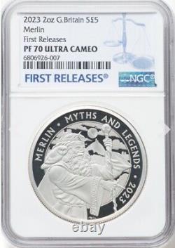 2 Oz BIG NGC PF70 2023 MERLIN Myths and LEGENDS, ENGLAND BRITAIN UK Silver Coin
