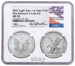 2 Pc Set 2021 Silver Eagle Type 2 & Type 1 NGC MS70 FR Gaudioso/Mercanti Signed
