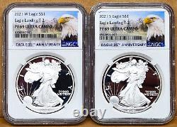 2 coin set, 2021 type 2 w & s proof silver eagles, ngc pf69 uc, eagle/mtn