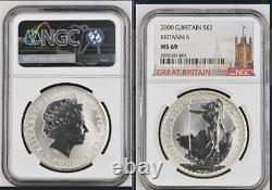 2000 Great Britain 1 oz Silver Britannia S£2 NGC MS69 QEII effigy