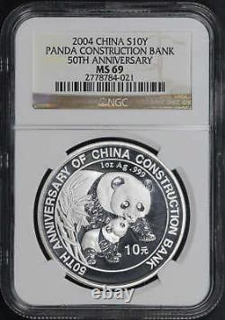 2004 China 10 Yuan Silver Panda Construction Bank 50th Ann NGC MS-69