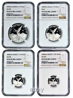 2005 Mexico Silver Proof LIBERTAD 4 Coins 1/2, 1/4, 1/10, 1/20oz All NGC PF69 UC