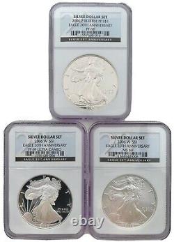 2006 Eagle 20th Anniversary Silver Dollar Set 3 Coins, PF69 Ultra Cameo, PF69, MS