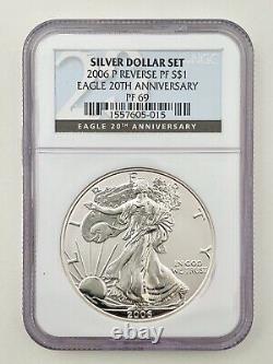 2006 Eagle 20th Anniversary Silver Dollar Set 3 Coins, PF69 Ultra Cameo, PF69, MS