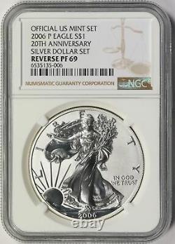 2006-P $1 Proof American Silver Eagle NGC Reverse PF69 20th Anniversary Mint Set