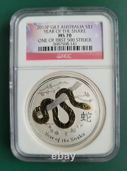 2013 Australia Coin 1 oz Silver Snake Gilt Gilded NGC MS 70 one of first 500