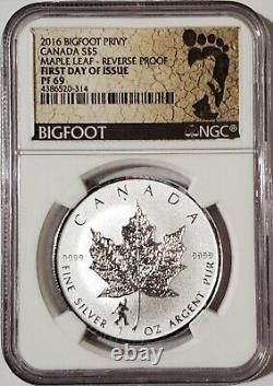 2016 1 Oz Silver $5 Canada RP MAPLE LEAF NGC PF69 FDOI Bigfoot Privy Coin
