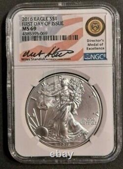 2016 EAGLE $1 FIRST DAY OF ISSUE -NGC MS 69 Miles Standish Hand Auto! -d8265cqxq