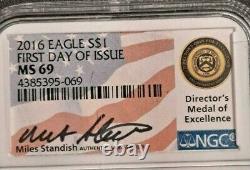 2016 EAGLE $1 FIRST DAY OF ISSUE -NGC MS 69 Miles Standish Hand Auto! -d8265cqxq