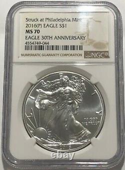 2016 (p) Silver Eagle Ngc Ms70 Struck At Philadelphia Mint Brown Label. 999 Fine