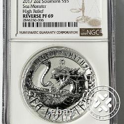 2017 $5 Ngc Reverse Pr 69 Sea Monster 2 Oz Silver Coin High Relief