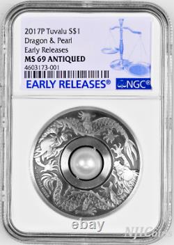 2017 P Tuvalu Dragon & Pearl ANTIQUED 1oz Silver $1 COIN NGC MS 69 ER