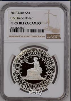 2018 Niue PROOF U. S. Trade Dollar Restrike Silver 1 oz NGC PF69 UC COA+box