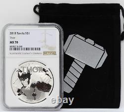 2018 Thor 1 Oz Silver NGC MS70 Tuvalu $1 Coin MARVEL with Bag JP077