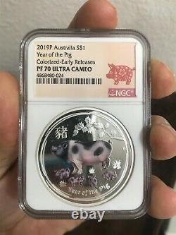 2019 Australian Silver $1 PROOF Lunar Year of the Pig-colorized NGC PF70 ER