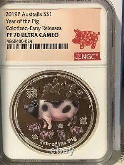 2019 Australian Silver $1 PROOF Lunar Year of the Pig-colorized NGC PF70 ER