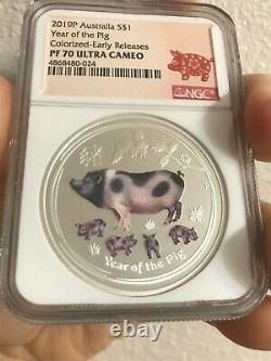 2019 Australian Silver $1 PROOF Lunar Year of the Pig-colorized NGC PF70 ER