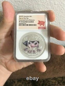 2019 Australian Silver $1 PROOF Lunar Year of the Pig-colorized NGC PF70 ER