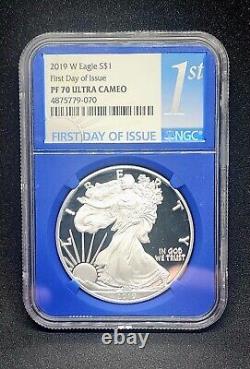 2019 W Silver Eagle First Day Of Issue PF70 Ultra Cameo Rare Blue NGC